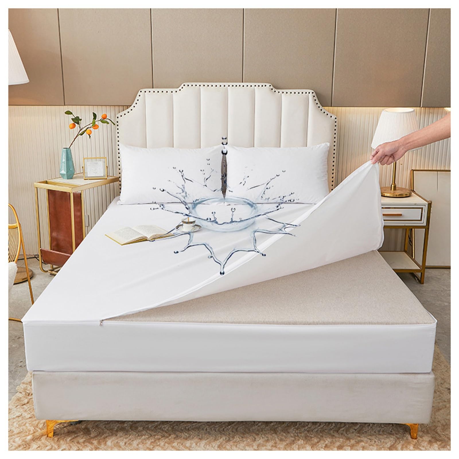 Funda De Colchón Impermeable con Cremallera, Protector De Colchón con Cremallera, Fundas De Colchón De Cama Silenciosas Y Refrescantes - Parte Superior Extraíble(Wei�,120x200x25cm)