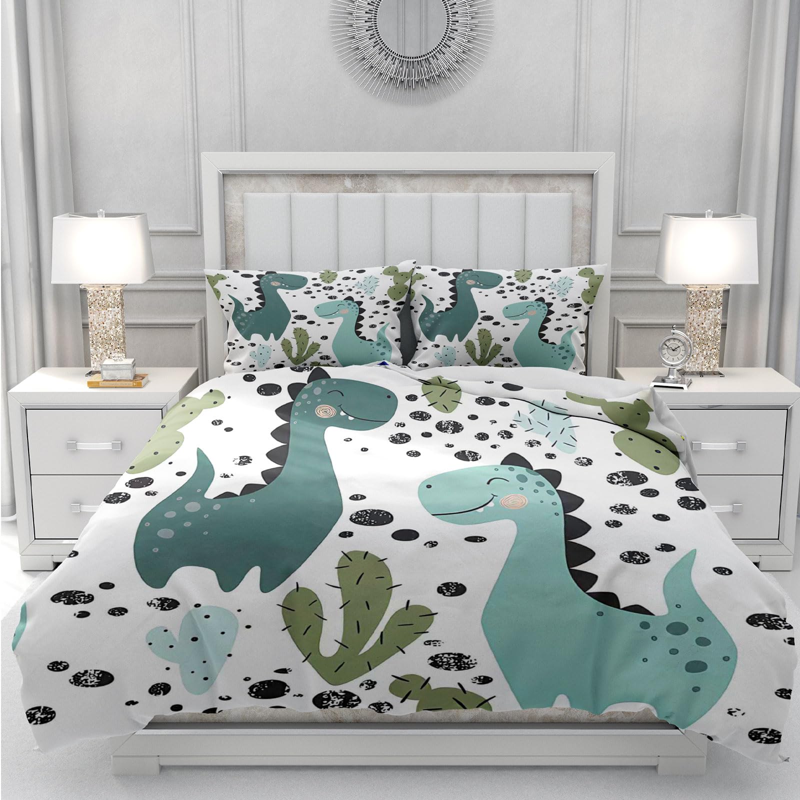 Ropa de cama infantil con estampado de dinosaurios, linda caricatura colorida con estampado de dinosaurios, juego de cama decorativo juguetón para niños y niñas (C, 135 x 200 cm)