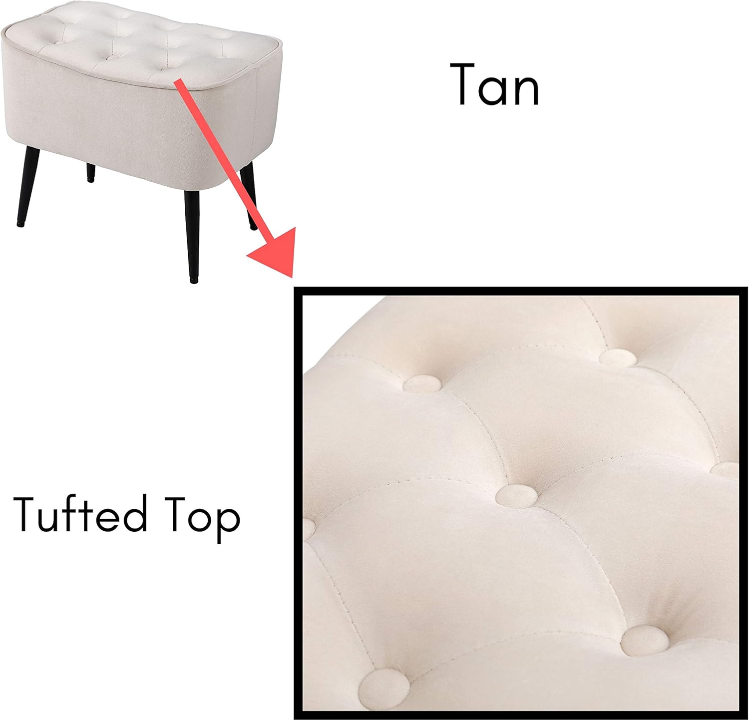 BIRDROCK HOME Tufted Curve Ottoman Velvet Foot Stool - Upholstered Padded Footrest for Living Room or Bedroom - Small Cushioned Accent Chair for Couch, Sofa, Extra Seating - Modern Furniture - Tan
