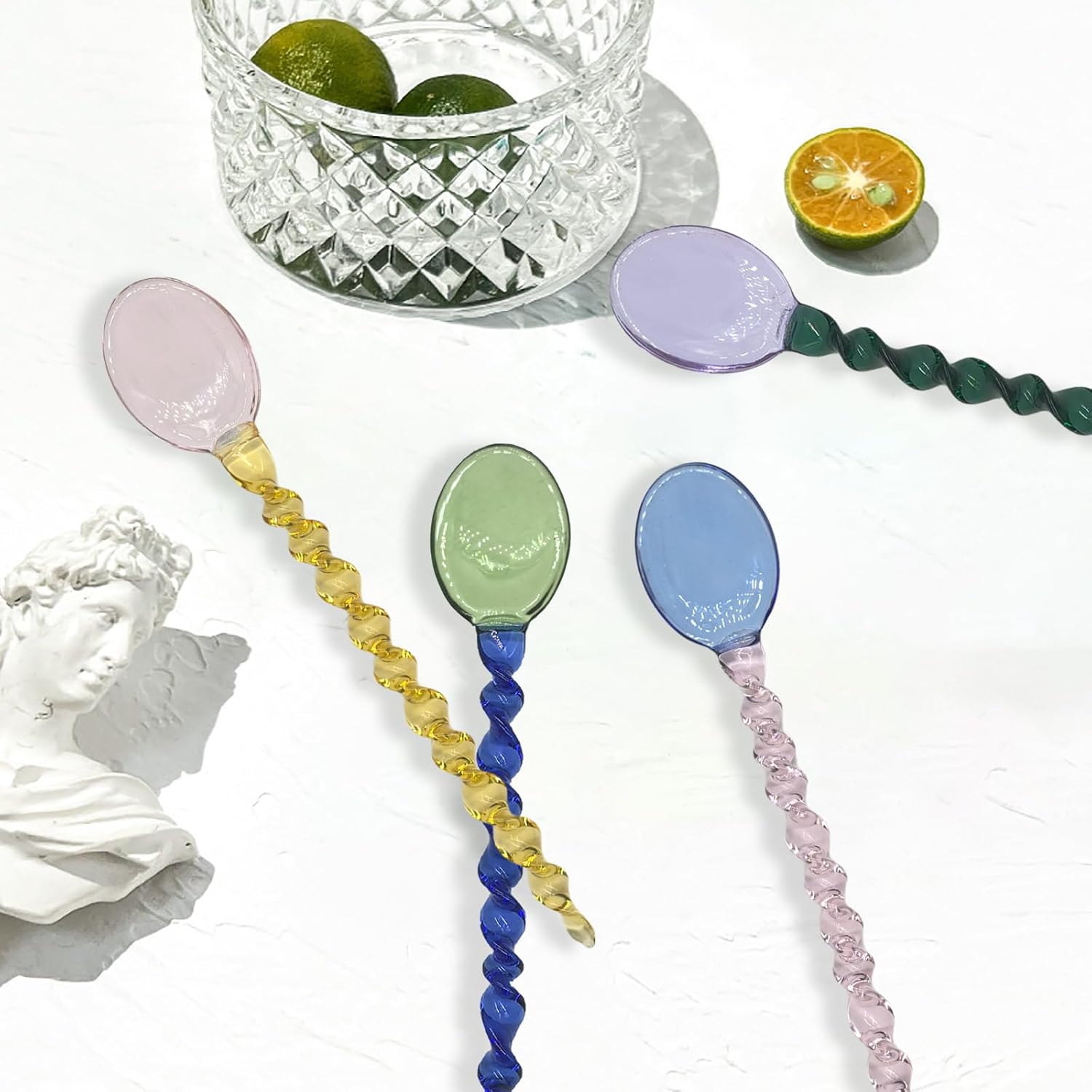 6 Pieces Glass Stirring Spoons Clear Crystal Coffee Cocktail Mixing Spoon Teaspoons with Spiral Handle Salt Sugar Ice Cream Yogurt Jam Dessert Scoop Swizzle Stick Stirrer for Bar Cafe Party (C)