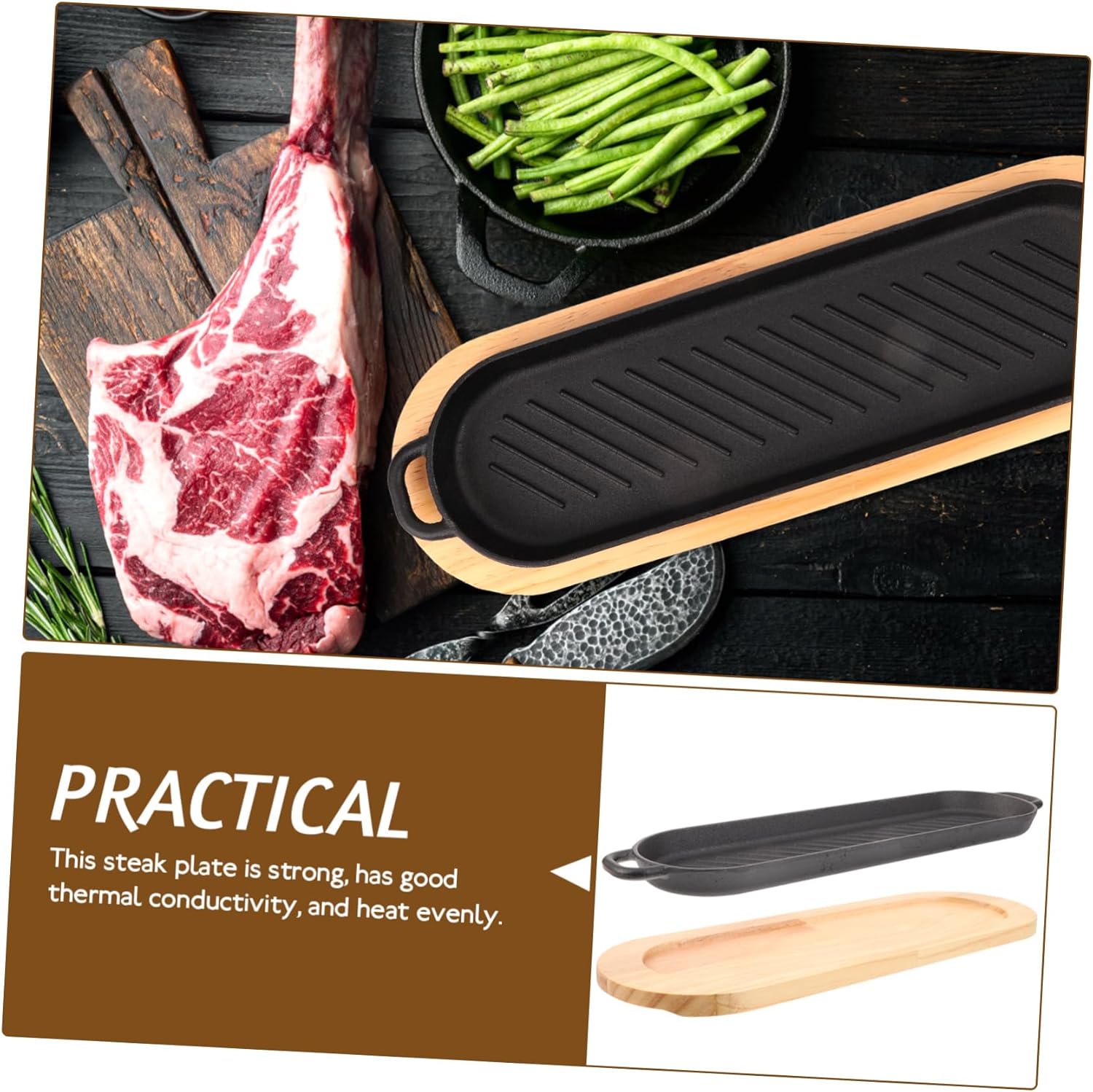 Unomor Cast Iron Grill Pan Steak Plate Non-stick Outdoor Bbq Pan Serving Dish