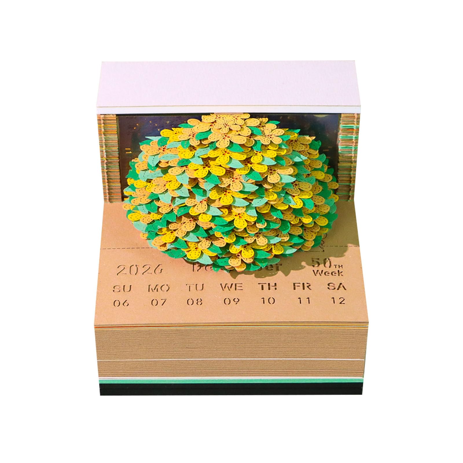 Kreatives 3D Papierkunst Schreibtischzubehör, einen Kalender für 2026 und Notizzettel mit Blumenmuster und elegantem Büromaterial kombiniert