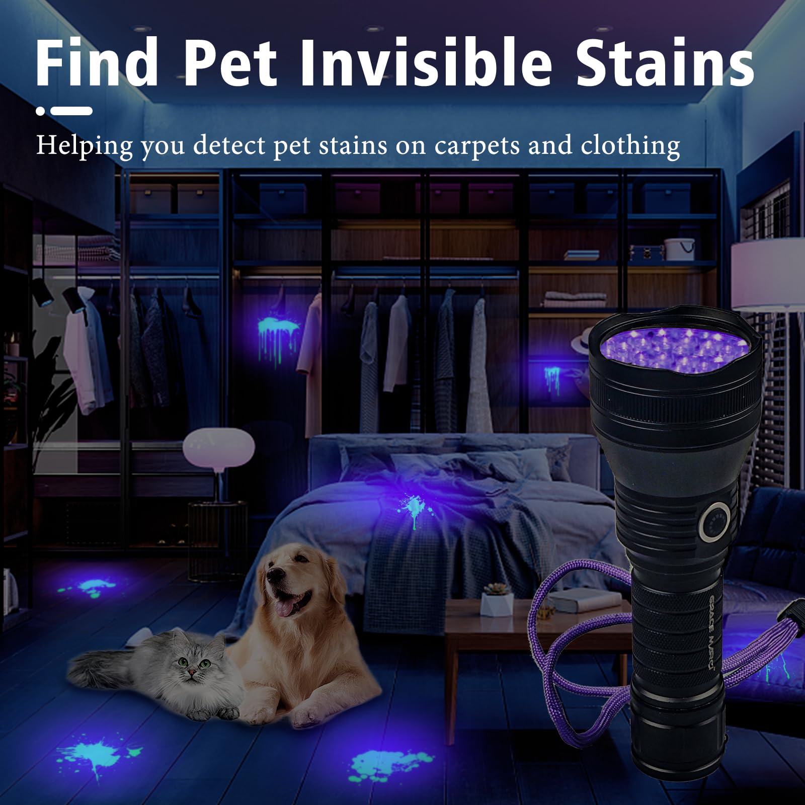Linterna UV recargable, 51 LED de 395 nm, luz negra, luz UV ultravioleta, detector de orina de mascotas para orina de perro/gato, manchas secas, chinches, curado de resina, escorpiones