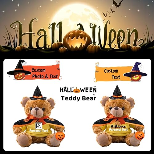 Miniatura 2 de Oso de peluche de Halloween personalizado con texto personalizado, juguetes de Halloween con decoración de calabaza desmontable, sombrero y capa de