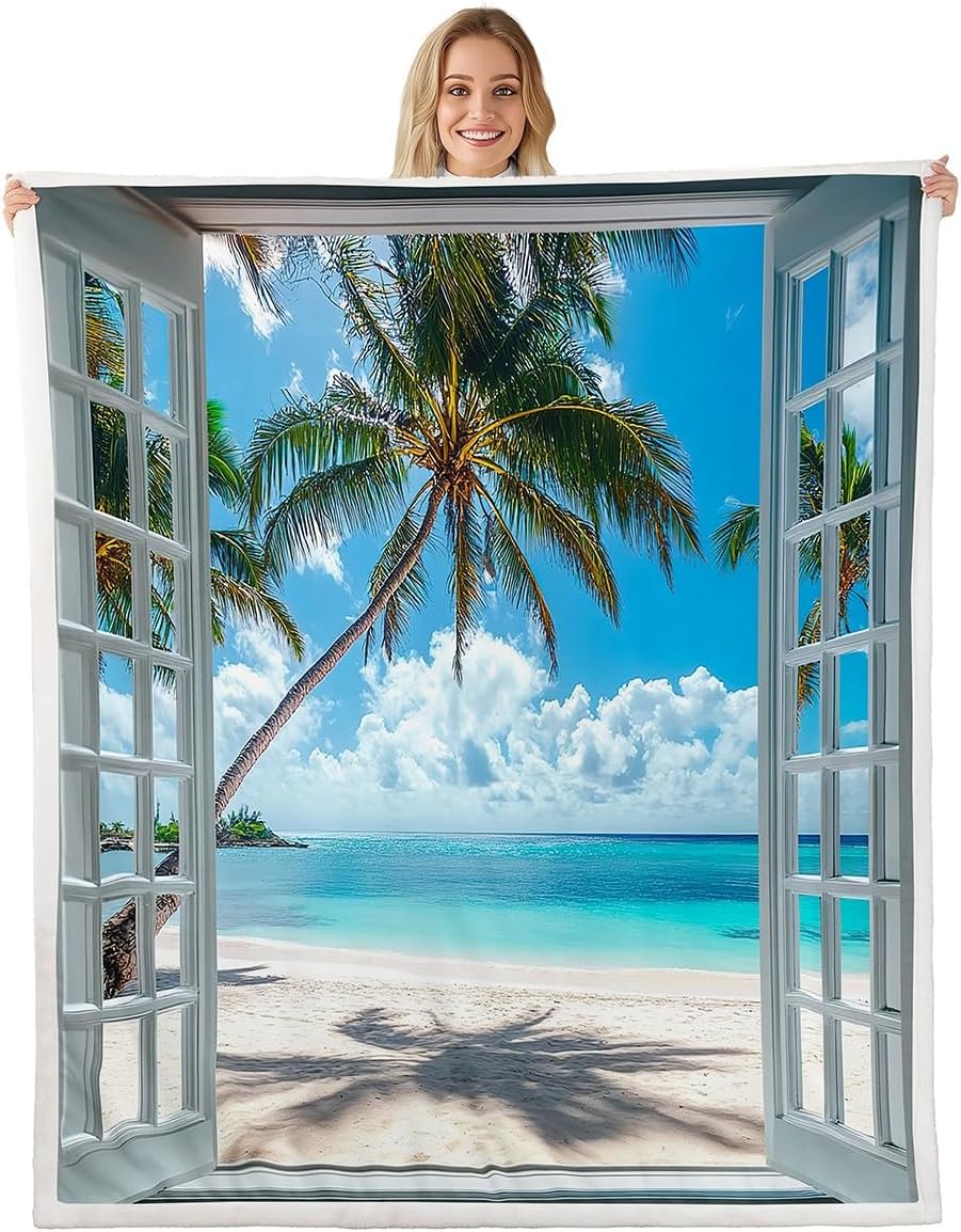 Erosebridal Summer Holiday Blanket Ocean Wave Throw Blanket for Bed, Teal Flip Flops Sherpa Blanket Blue Polka Dots Fleece Blanket, Starfish Conch Seashell Fuzzy Blanket Microfiber Super Cozy