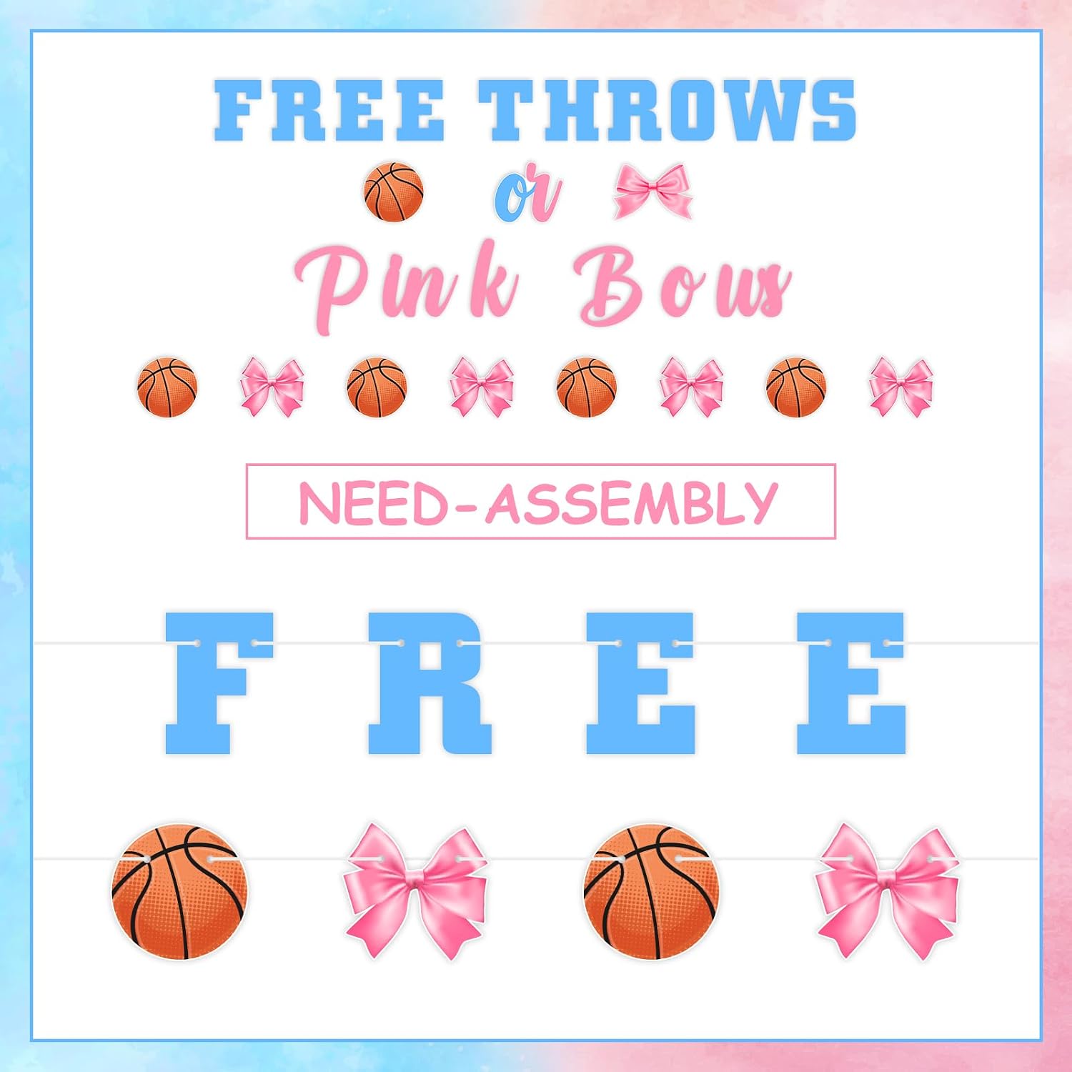 Free Throws or Pink Bows Gender Reveal Hanging Decorations Kit - Blue and Pink Basketball or Bows Banner, Sports Theme Garland, Welcome Baby Shower He or She Theme Party Supplies