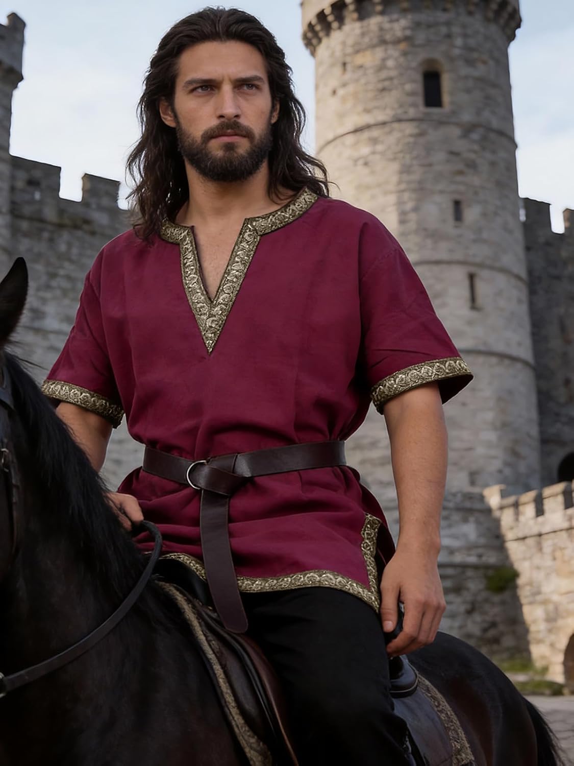 Renaissance Medieval Knight Costume for Men - 3PC Pirate Viking V-neck Tunic Set Halloween Cosplay Outfit - Image 6