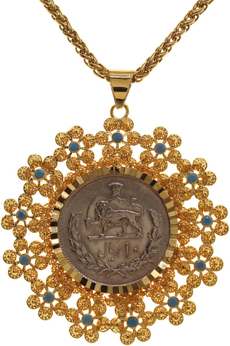 Persian Vintage Pahlavi Coin Shir Khorshid Lion Sun Necklace Chain