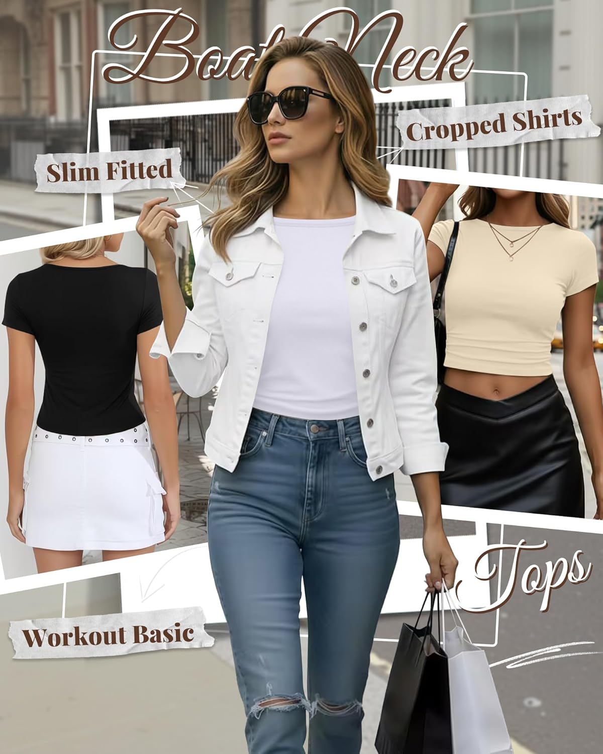 Riyiper 3 Pcs Women's Short Sleeve Crop Tops, Boat Neck Slim Fitted Cropped Shirts Workout Basic Tops - Image 3
