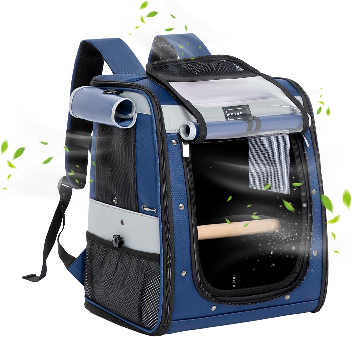 Petsfit Bird Backpack with Anti-Pecking Band, Medium Size with 2 Level Height to Adjust Standing Perch and Shade Cover Blue