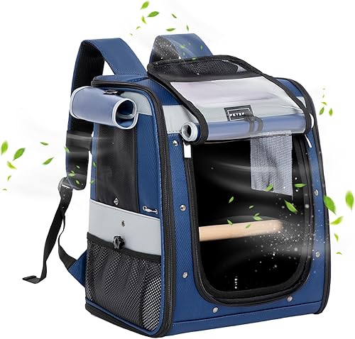 Vista 17 de Petsfit Transportador de pájaros de tamaño mediano con cuenco de acero inoxidable, mochila de loro incluye bandeja deslizante para una fácil Azul