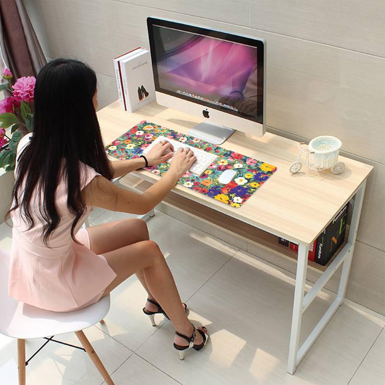 Colorful Watercolor Floral Large Mouse Pad Desk Mat, 27.5x11.8in Vibrant Spring Flower Extended Keyboard Mousepad with Stitched Edges, Non-Slip Waterproof Rubber Base for Office, Computer & Laptop image 5