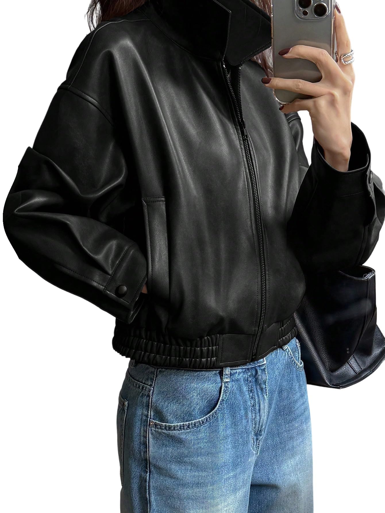 GORGLITTER Veste Y2k en cuir synthétique pour femme - Col montant - Veste d'automne à manches longues - Veste de loisirs avec poches - Veste de transition ample