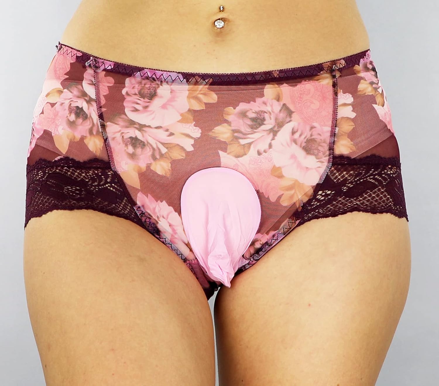 Mona's Choice Flower Pattern Mens Satin Briefs With Ice Silk Pouch/Mens Sissy Panties