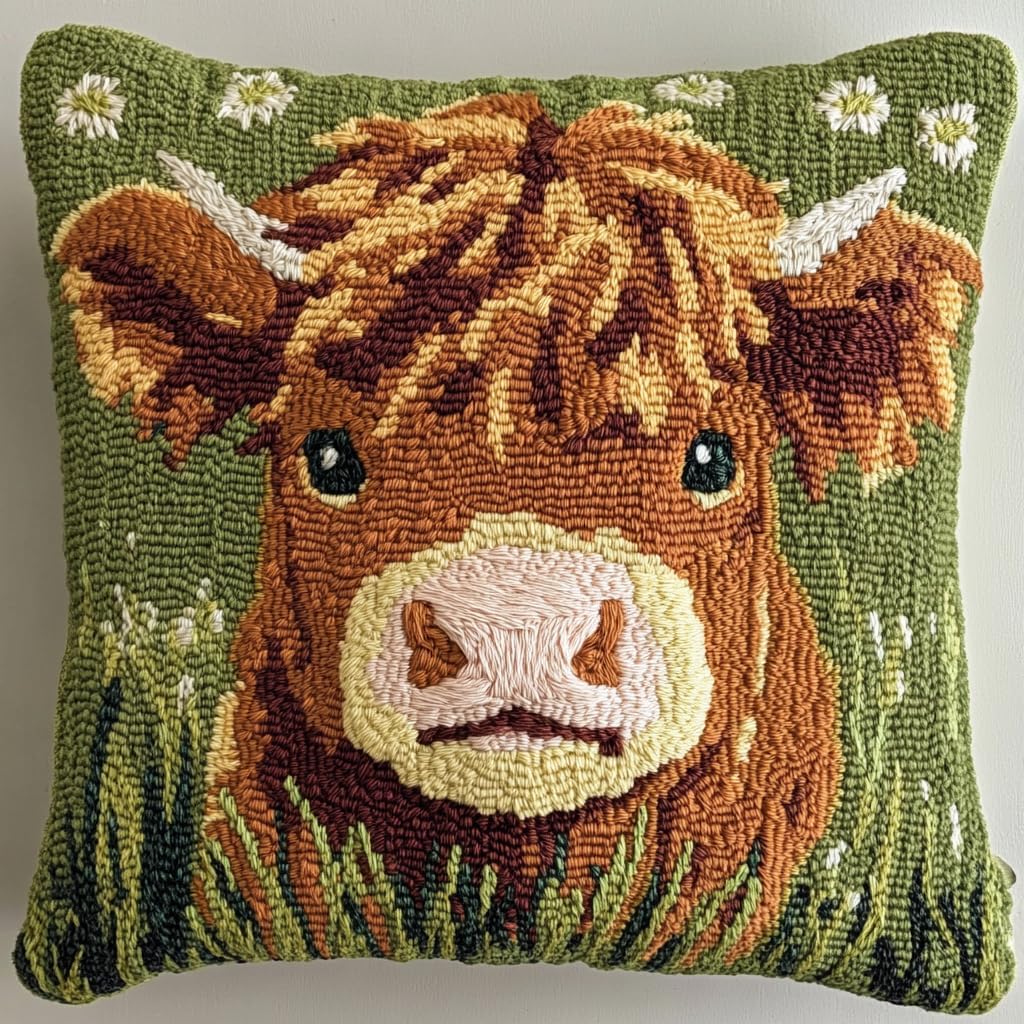DIY Punch Needle Pillow Kit Cute Baby Highland Cow in Grass with Pattern and Hoop Handmade Embroidery Punch Needle Starter Pillowcase Set for Home Sofa Decor 43x43cm-1-3
