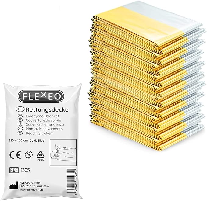 FLEXEO 10 x Emergency Blanket Gold Silver 210 cm x 160 cm Emergency