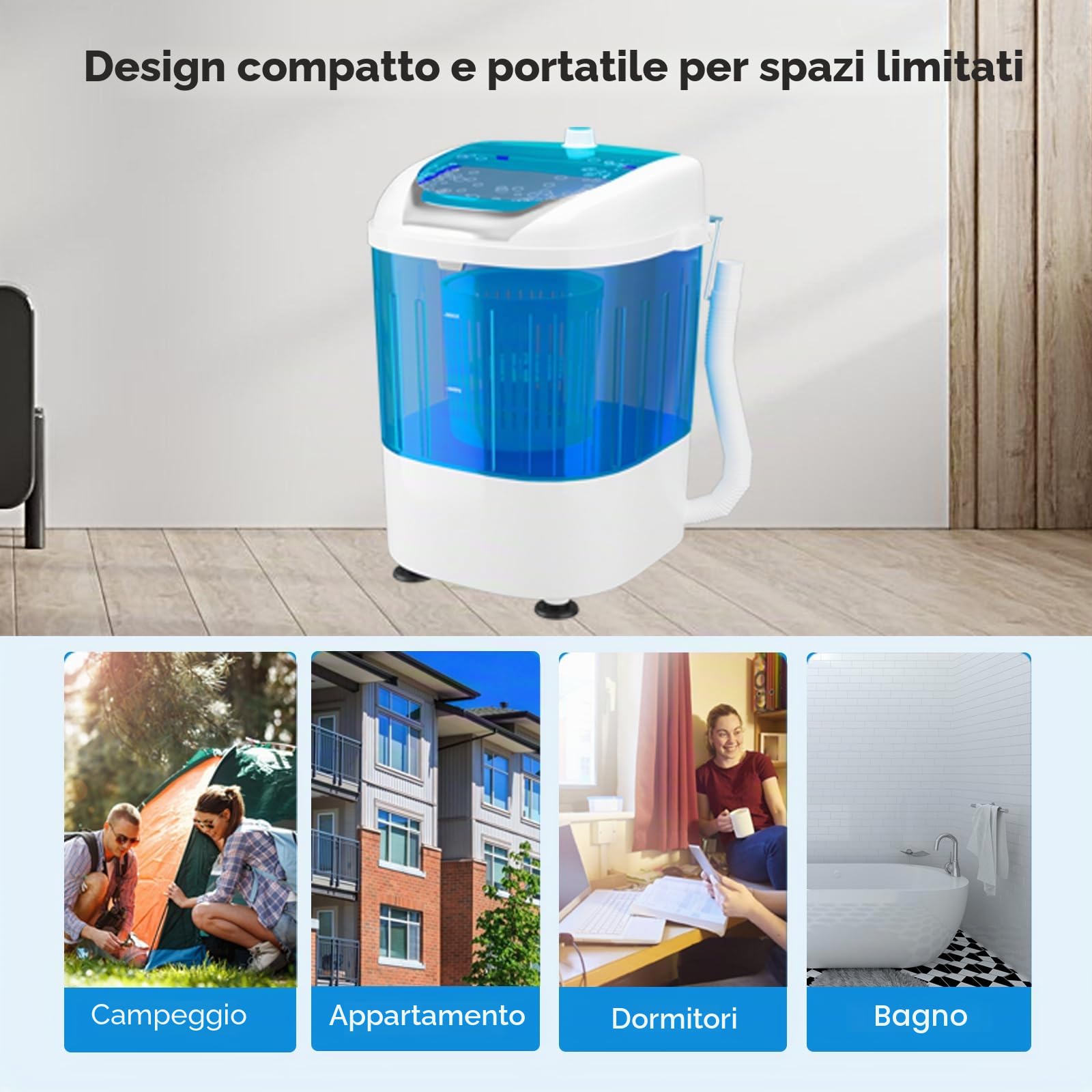 SOARS Mini lavatrice con centrifuga, lavatrice da campeggio fino a 2 kg, 170 W, con tubo di scarico, lavatrice toploader, 36 x 34 x 51 cm
