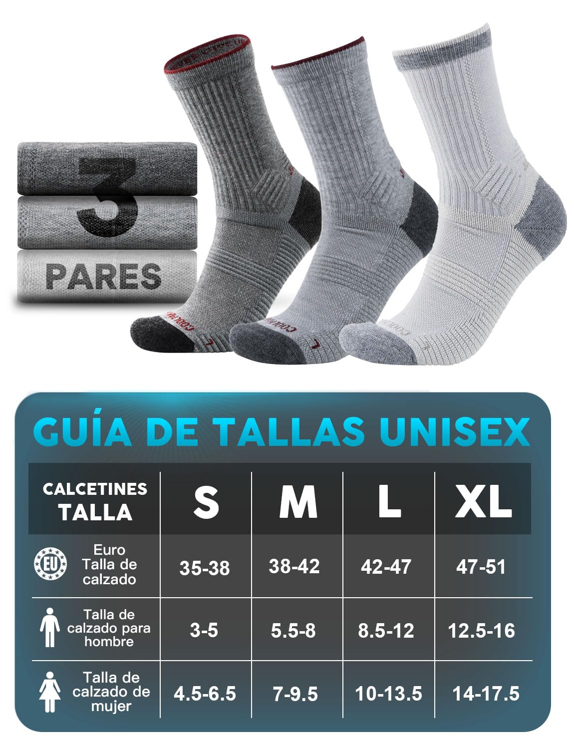 Juclise Calcetines de Senderismo de Lana Merino para Hombre - Grosor Medio, Transpirable, Absorbe la Humedad, Anti-Ampollas, Con Acolchado y Compresión
