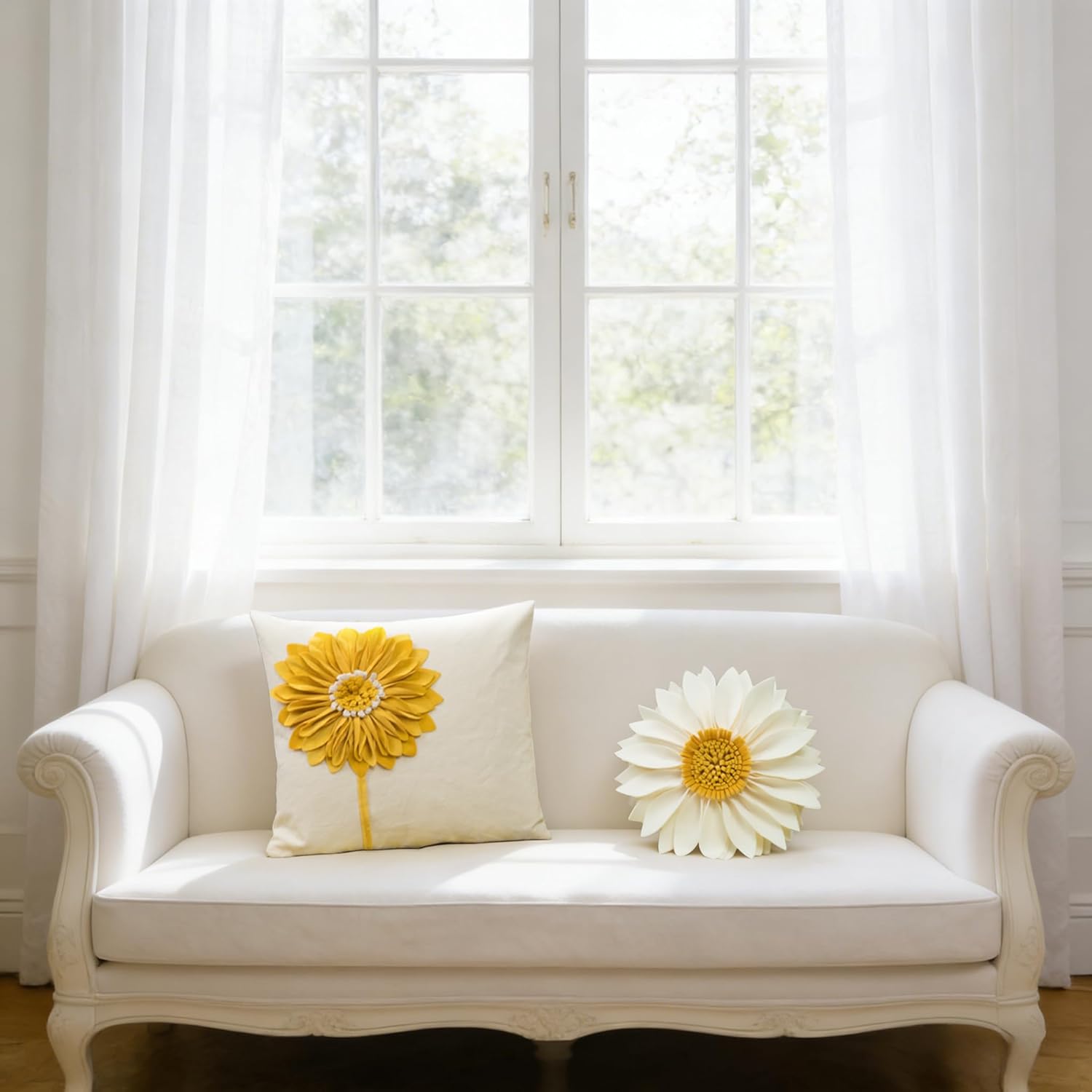 JWH Decorative Flower Throw Pillow Cover 3D Sunflower Pillow Case Velvet Cushion Floral Pillowcase for Bed Living Room Couch Chair 18x18 Inches Yellow Creamy White - Image 2