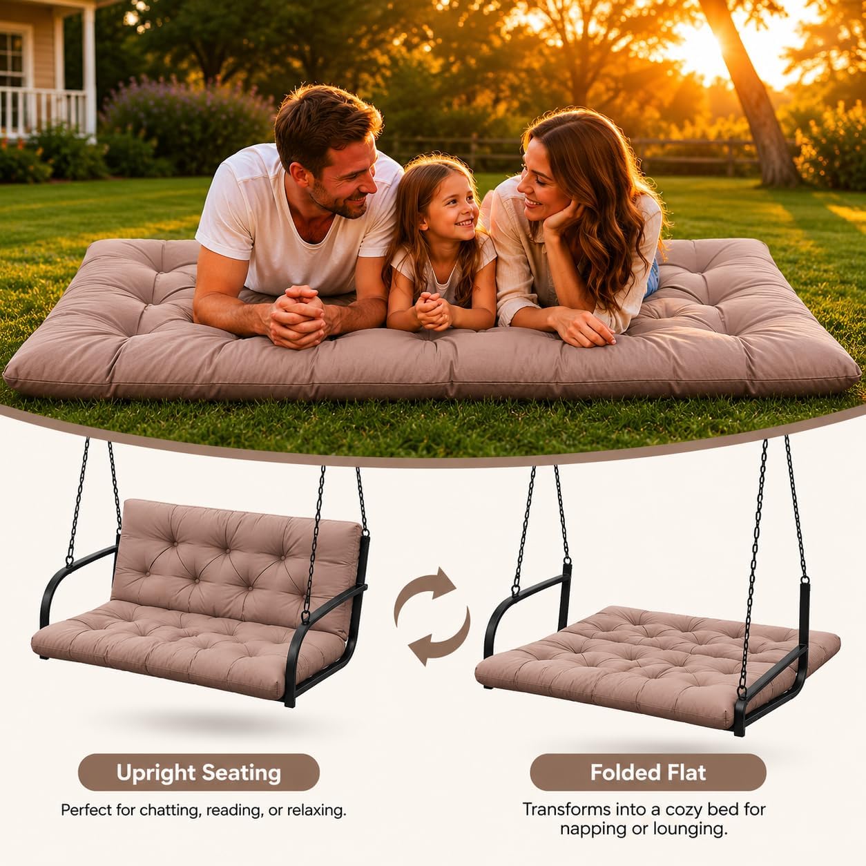 60 Inch Porch Swing Cushion with Backrest, Thick Waterproof Outdoor Bench Cushion for Patio, Garden & Backyard Seating(Khaki, 40 * 40in)