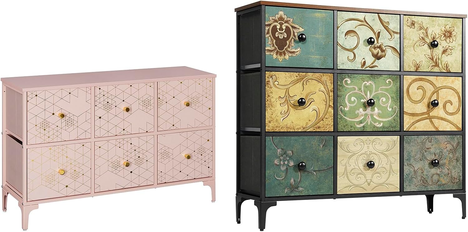 AOPSEN 9 Drawer Colourful Dresser and 6 Drawer Pink Dresser