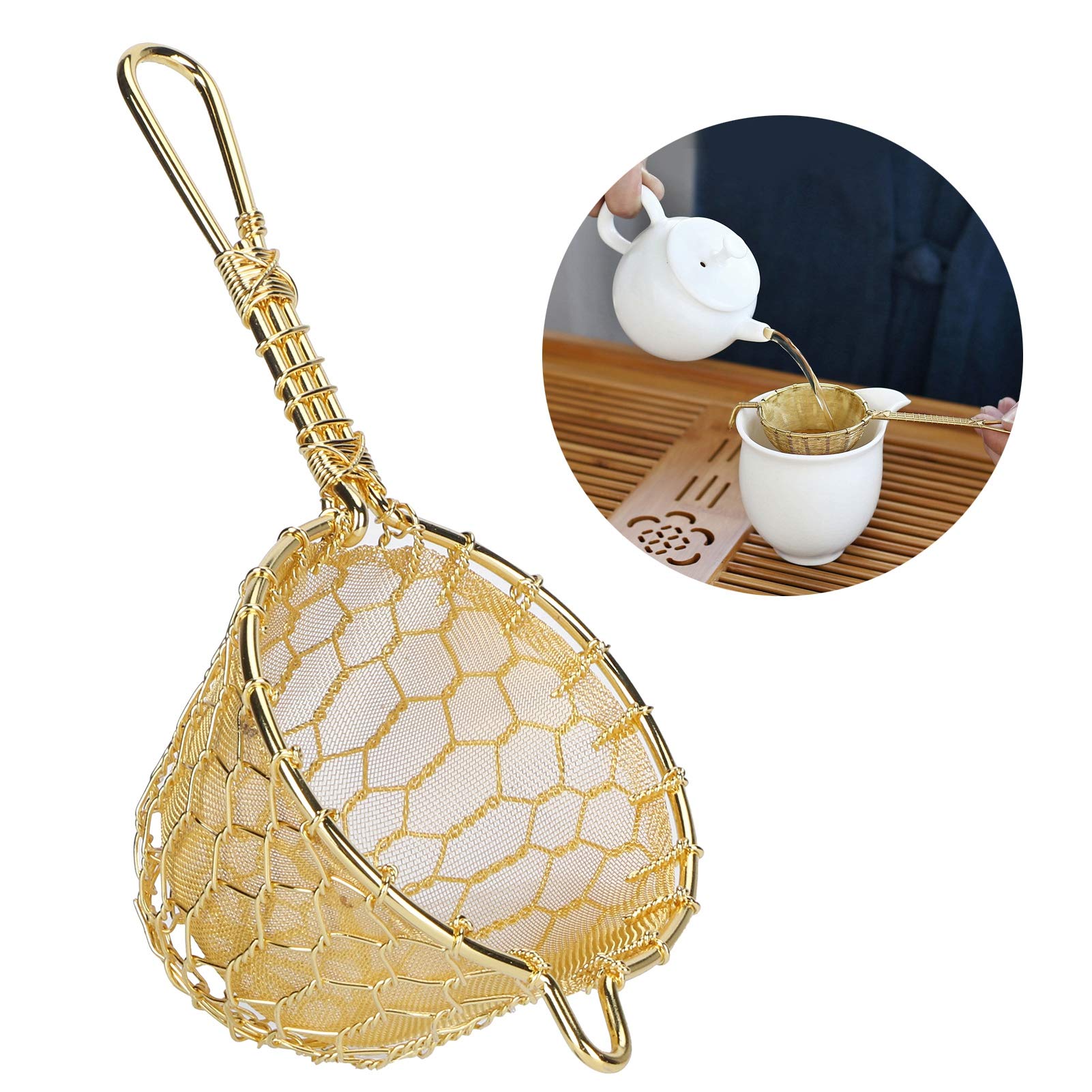 Ensemble de filtres à thé en cuivre, accessoires pour boisson au thé, filtre à mailles fines, filtre réutilisable à longue poignée pour théière à feuilles mobiles, utilisé pour