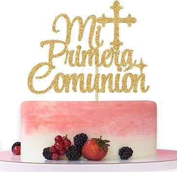 Mi Primera Comunion Cake Topper - First Holy Communion Cake Decor, God Bless This Child, Baby Shower, Wedding Baptism Christening Party Decorations Gold Glitter