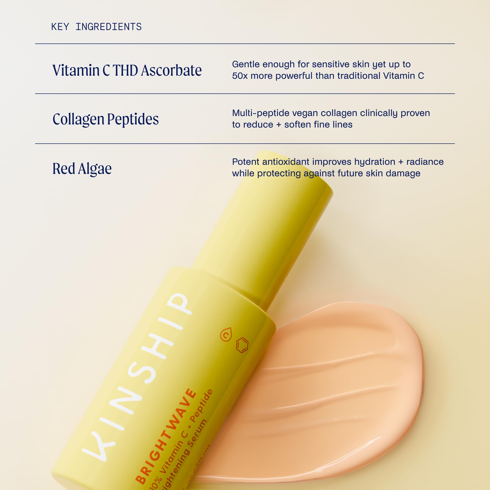 Kinship Brightwave - Suero con 10% de vitamina C + péptidos, desvanece las manchas oscuras, reduce las líneas finas y los frizes, cara brillante, rellena y lisa, colágeno vegano, cuidado de la piel
