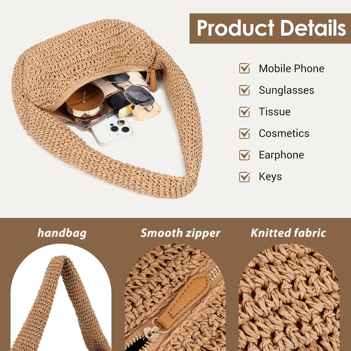 Crochet Straw Bag Summer Beach Bag for Women, Woven Hobo Shoulder Bag, Half Moon Tote Purse with Zipper, Retro Underarm Bag