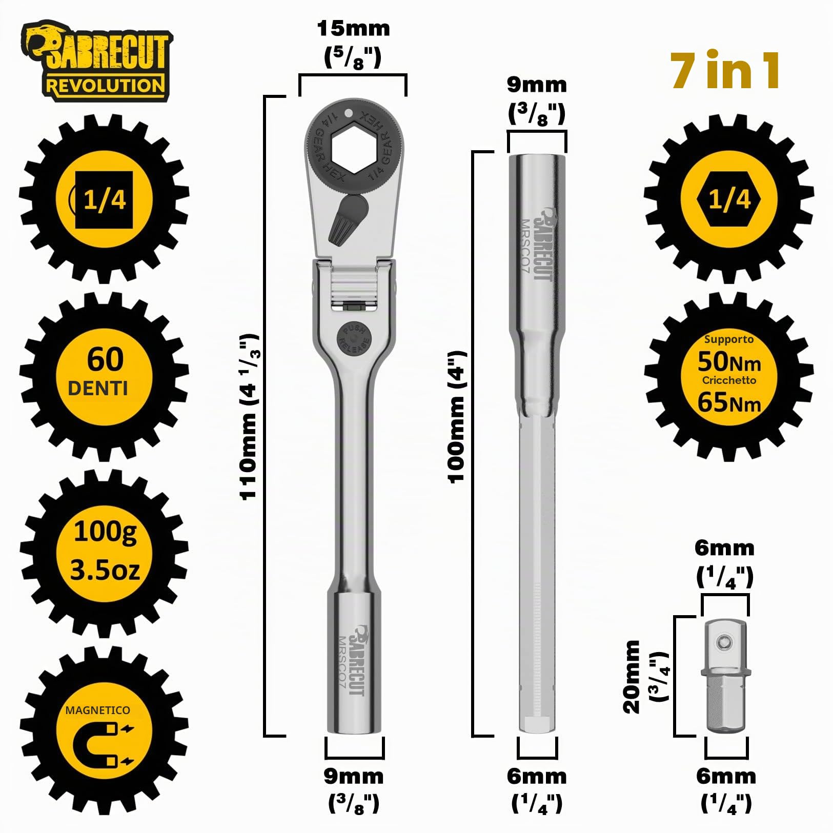 SabreCut 1pc MRSC07 6.3mm 1/4" HEX 1/4" Square Inox Inserto Cricchetto | Durevole stainless-steel costruzione con a preciso 60-tooth meccanismo per compatto, high-torque accesso