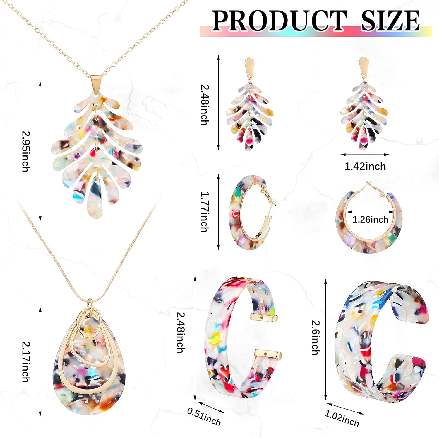 Highergo 8 Pcs Acrylic Jewelry Set Women Statement Earrings Necklace Bracelet Marble Texture Floral Necklace Set for Women
