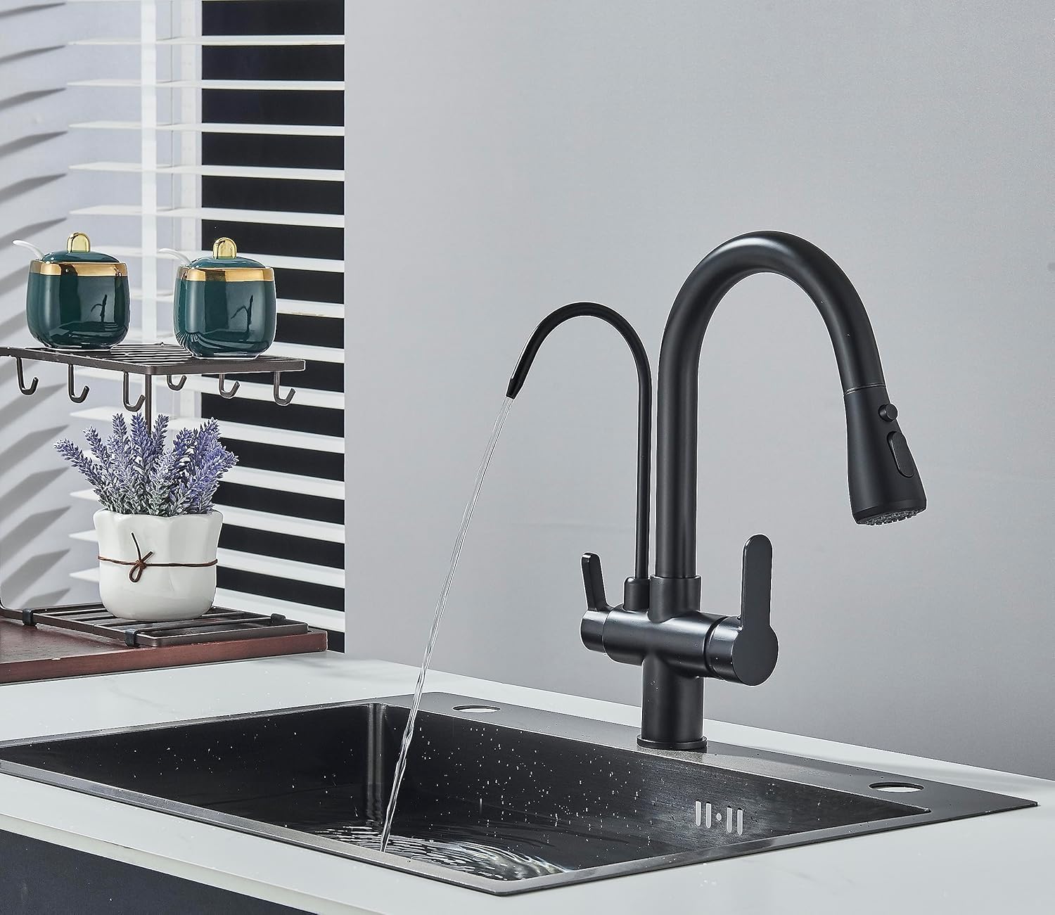 Grifo de Cocina 3 Vías Ósmosis Acero Inoxidable Negro Giratorio 360° Ducha Extraíble