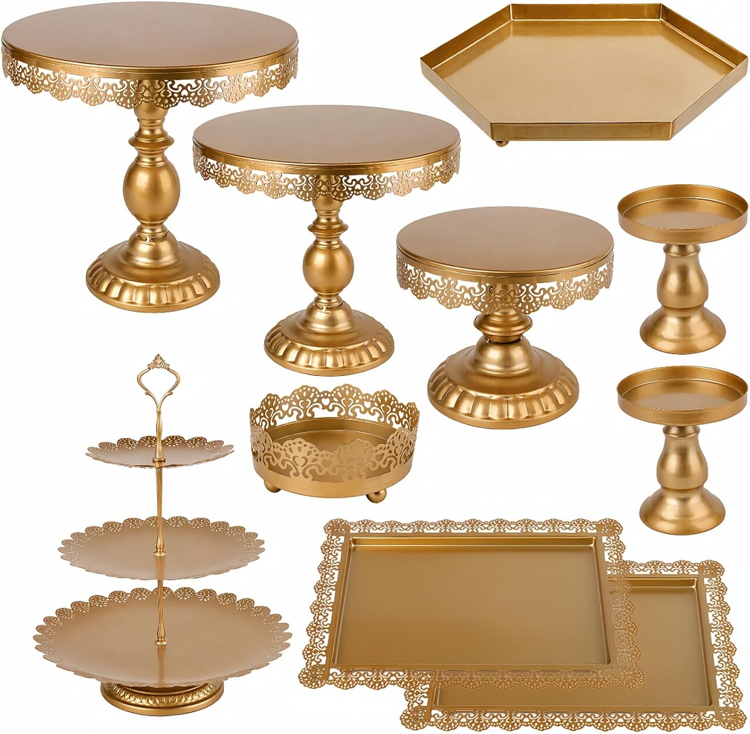 ZOOFOX 10 Pieces Gold Dessert Table Display Set, Metal Cake Stand Set with Lace Edge Pedestal, Cupcake Stands and Treat Serving Trays for Wedding, Birthday, Baby Shower Party Decorations