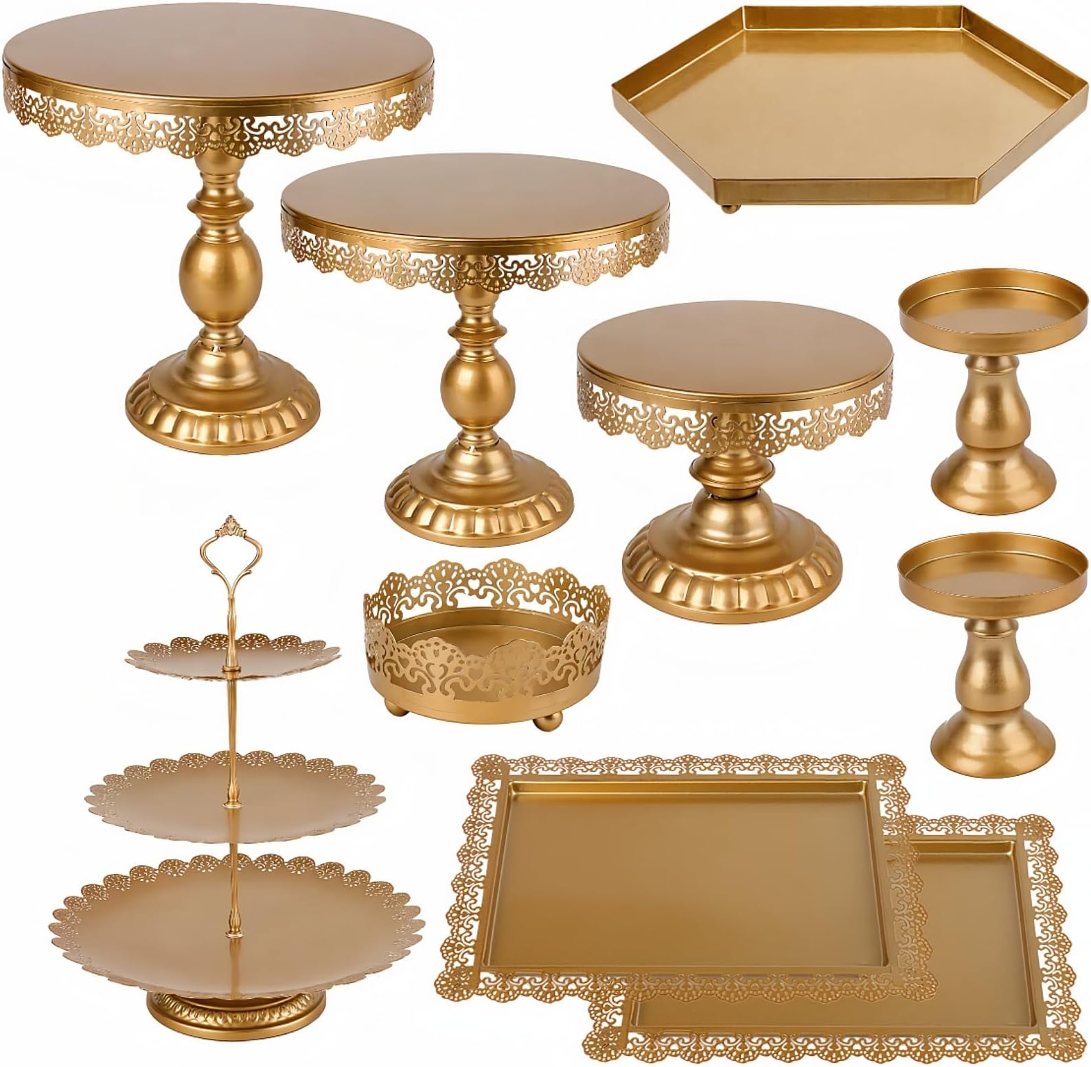 ZOOFOX 10 Pieces Gold Dessert Table Display Set, Metal Cake Stand Set with Lace Edge Pedestal, Cupcake Stands and Treat Serving Trays for Wedding, Birthday, Baby Shower Party Decorations