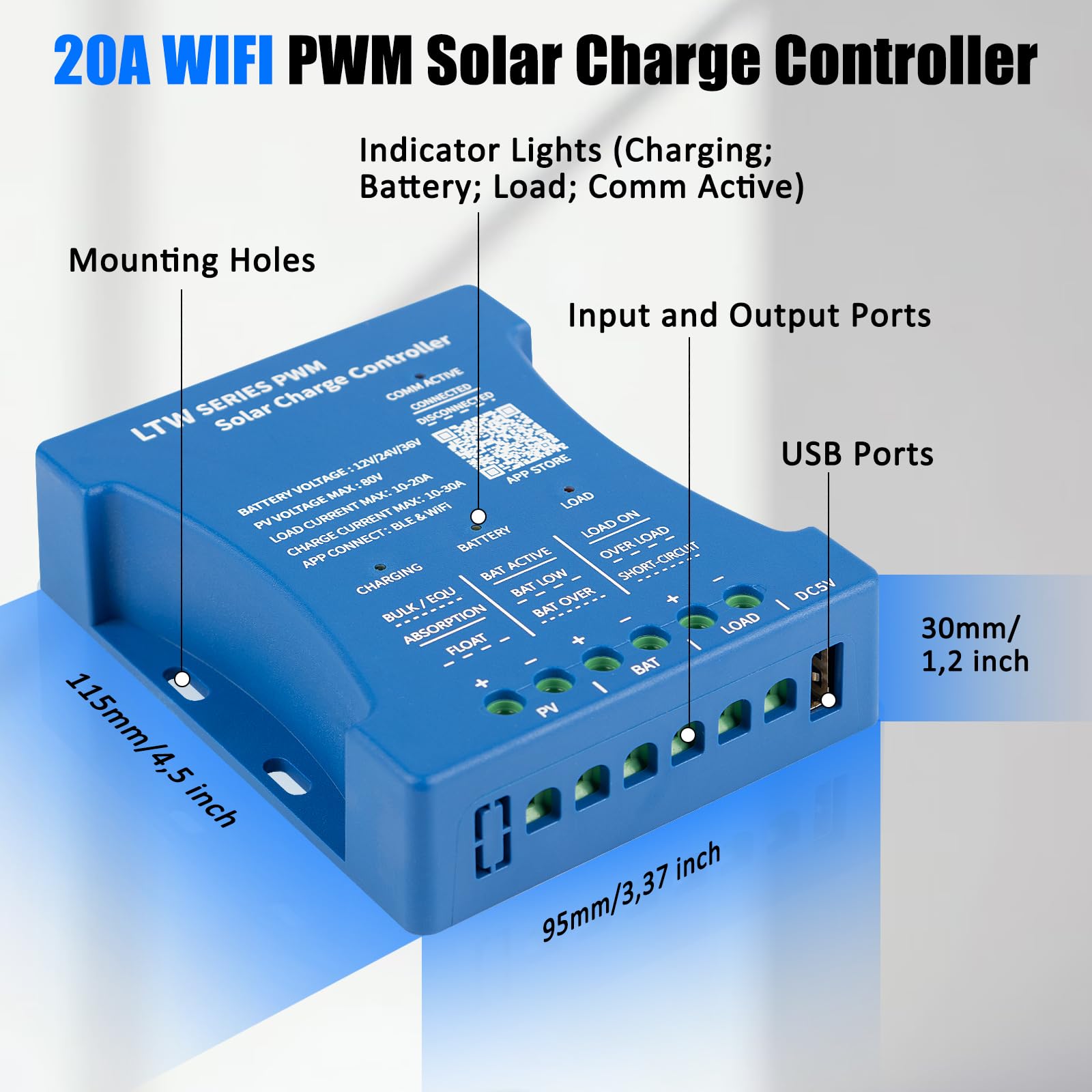【Regolatore di Carica Solare WIFI 20A 12V】KWODE 20A 12V/24V/36V Controller Solare WIFI Ultra-Telecomando PV:80V Controller Intelligente Bluetooth per Pannello Solare PWM per Acido al Piombo, LiFePO4
