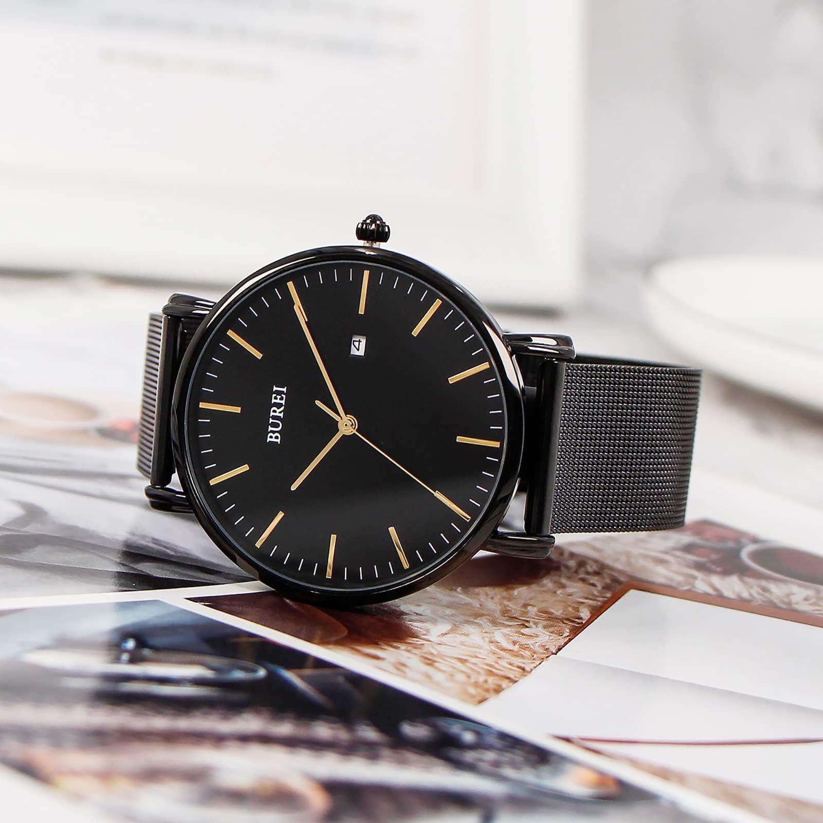 BUREI Men's Watches, Classic Analogue Dial with Date Japanese Quartz and Ultra-Thin Stainless Steel Mesh Band