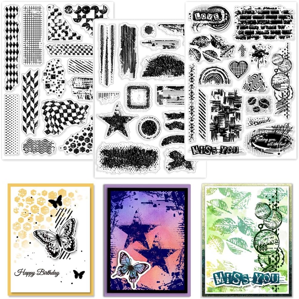 GLOBLELAND 3 Sheets Trash Texture Clear Stamps for Card Making 5.83×8.27 inch Stained Background Silicone Transparent Stamps Set Graffiti Silicone Clear Stamp for Crafting DIY Scrapbook Journaling