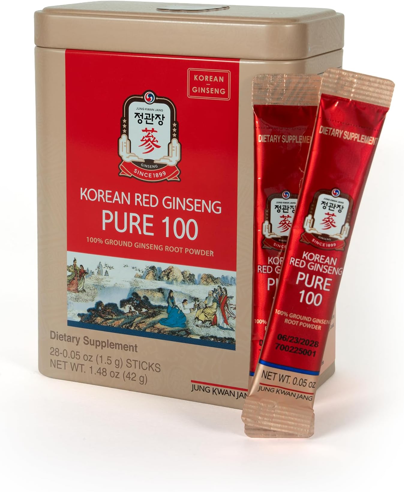 JungKwanJang Korean Red Ginseng Pure 100 - Panax Ginseng Powder Stick Supplements - Energy Boost & Immune Support - Vegan, Caffeine Free, Gluten Free & Non-GMO (Net Wt. 1.48 oz, 28 Sticks)