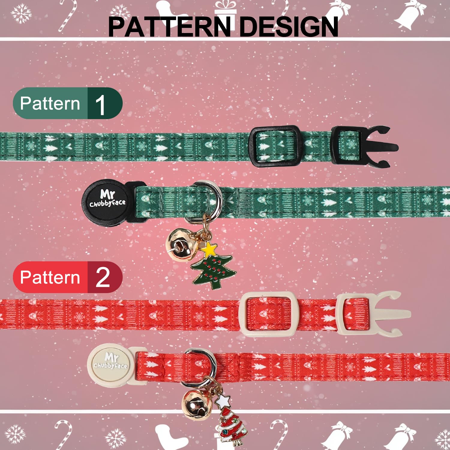 Paquete de 2 collares de gato, bonito collar de gato de Navidad rojo y verde con campana y colgante, collar de seguridad ajustable suave para gatos hembras y machos