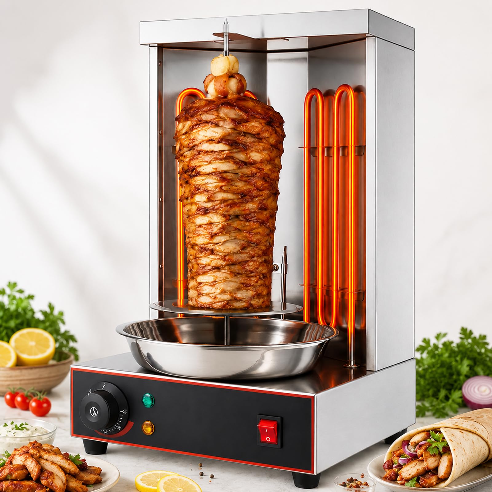 LYJIANGXIN Electric Shawarma Doner Kebab Machine, 360° Rotating Rotisserie Grill Commercial 3000W Vertical Stainless Steel Broiler Gyro Meat Roaster Electric 2 Burner Gyro Kebab Oven