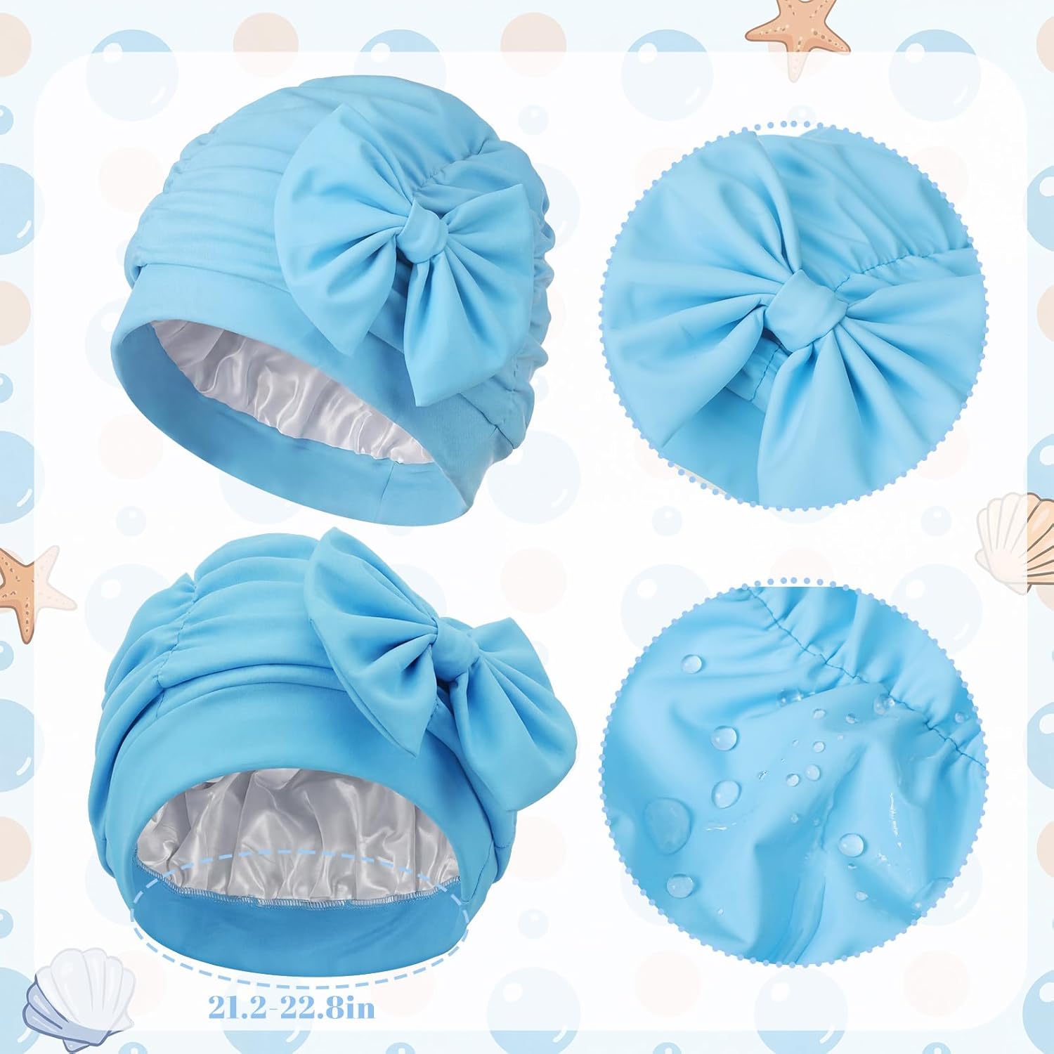 Soulchen 4 Pack Swim Caps for Women Elastic Bathing Cap Full Coverage Swimming Turban for Long Hair Care Ear Protection, Pool, Beach, Water Sports, Spa, Supplies
