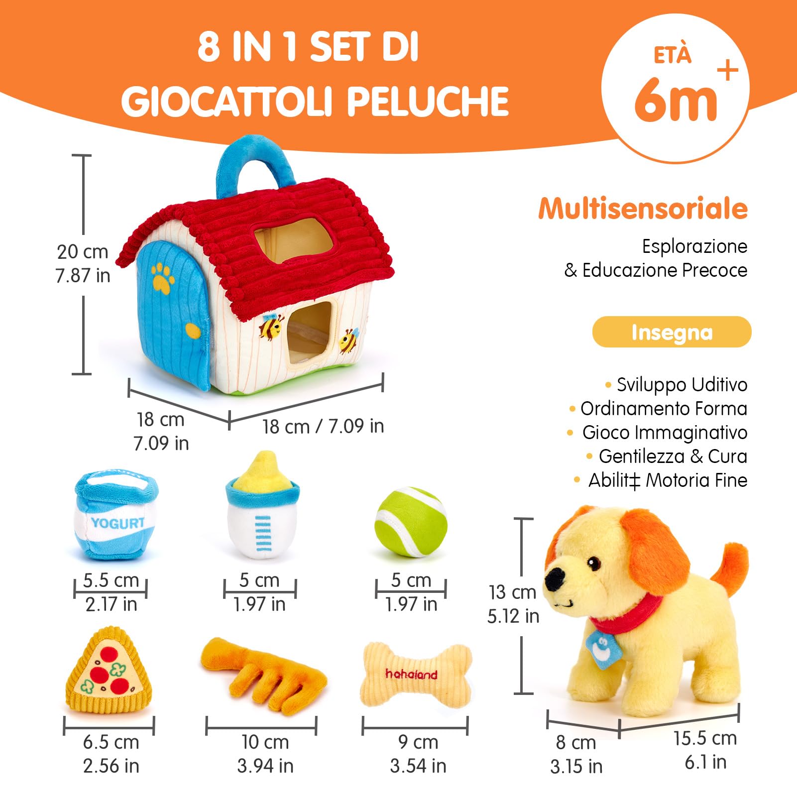 hahaland Giochi Neonato 6 Mesi - 8 PCS Set di Cane Peluche con Fienile & Corrispondenza delle Forme - Giocattolo Educativi per Bambini, Montessori Sensoriale Regalo Bimbo Bimba 6 9 12 Mesi