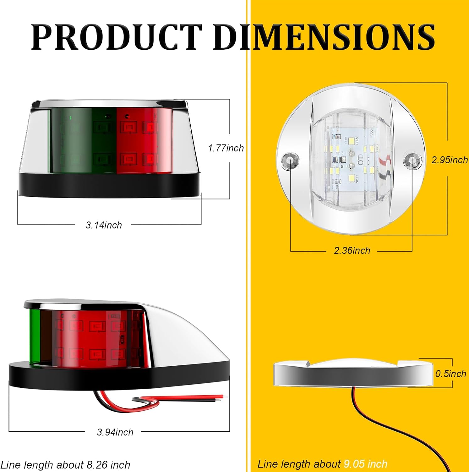 PSEQT Boat Navigation Lights LED Waterproof Marine Bow Stern Side Interior Deck Transom Lights w/Chrome bezels for Pontoon Fishing Small Bass Boat Yacht Kayak (1Pcs Red and Green, 2Pcs White)
