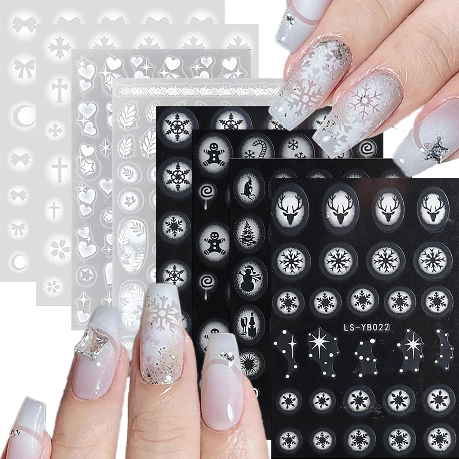 8 Sheets Christmas Nail Art Stickers Winter Snowflake