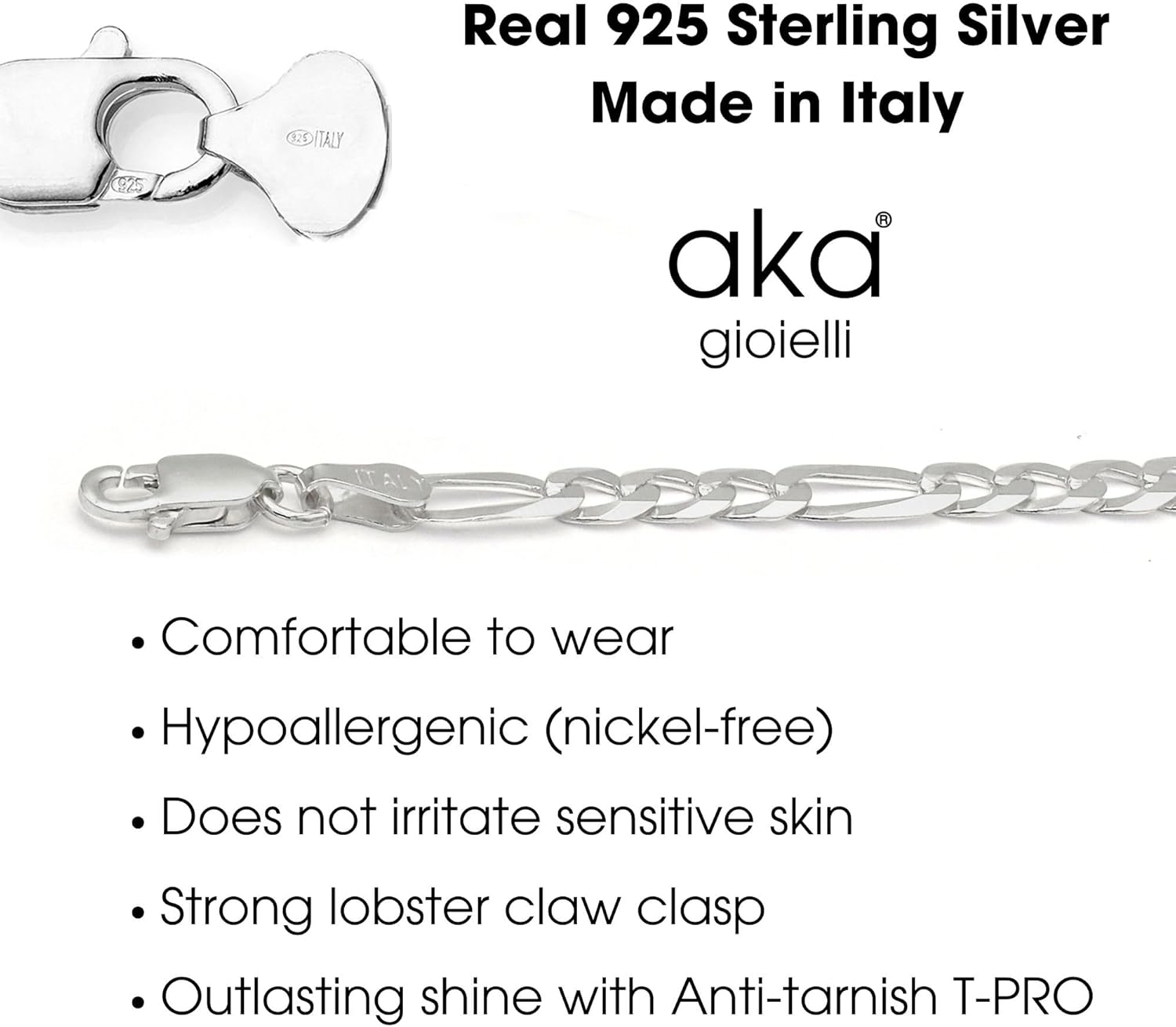 Aka Gioielli - Italian 925 Sterling Silver 3.5mm Diamond-Cut Figaro Link Chain - Solid Sterling Silver Necklace for Men and Women - Made in Italy - Image 3