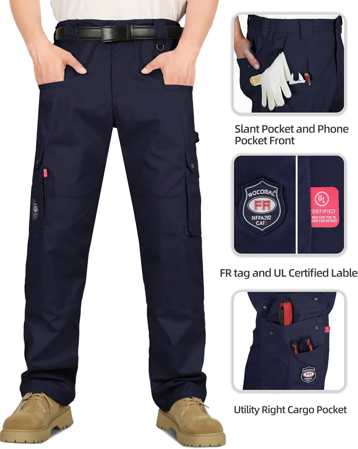 BOCOMAL FR Pants for Men Cargo Flame Resistant Pants(2112&CAT2) 100% C 7.5oz Utility Fire Resistant Pants - Image 3