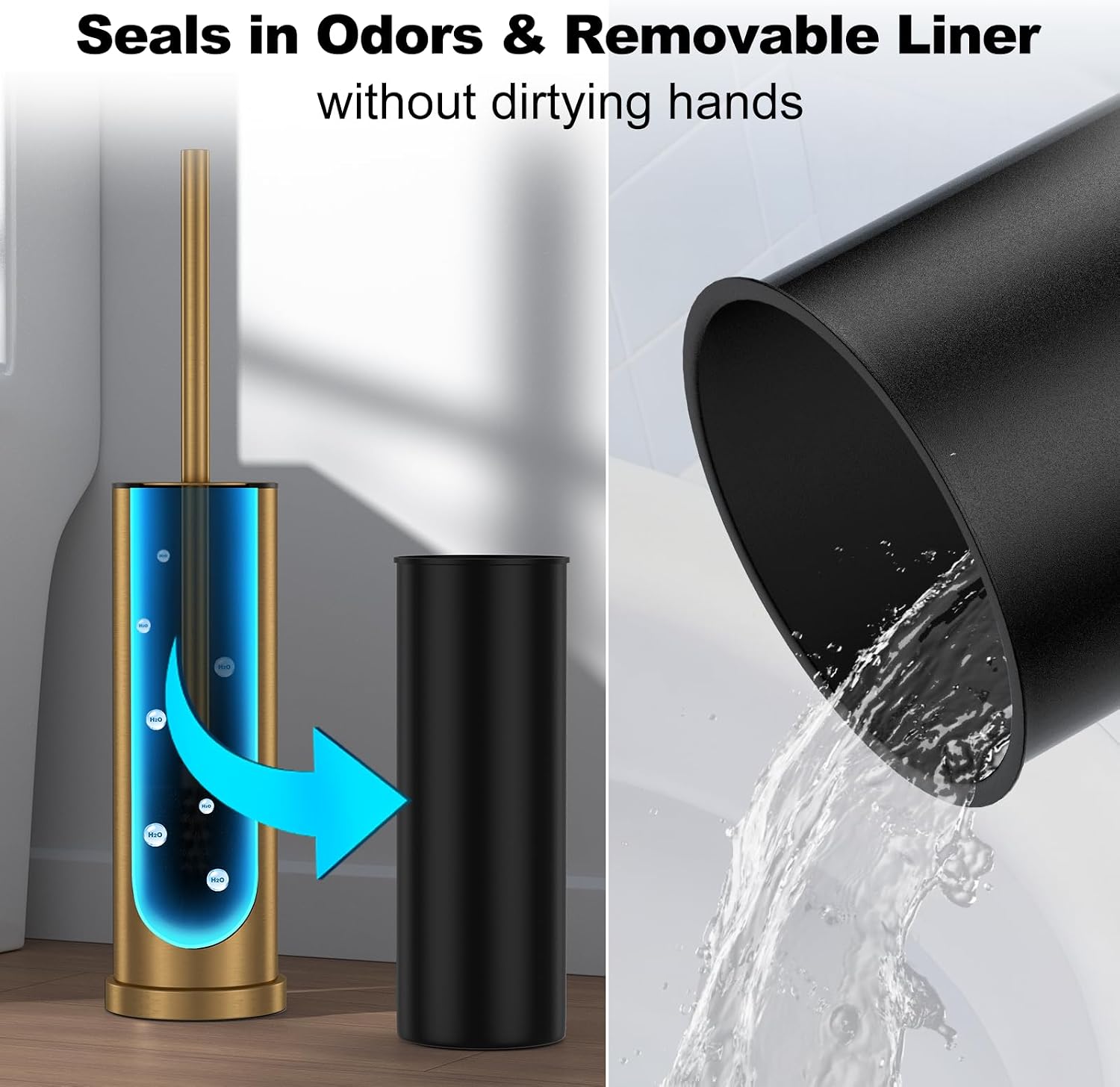 Brass Gold Toilet Brush and Holder Set，Stainless Steel Heavy Duty Toilet Bowl Brush，Extra Long Handled Modern Toilet Cleaner Brush with Replaceable Head, Removable Inner Bowl, and Splash Protection image 4