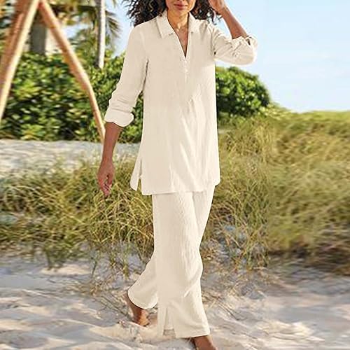 Miniatura 2 de Conjunto de dos piezas para mujer, talla grande, pantalones largos, con solapa sólida, manga larga, con botones, camisas y pantalones largos