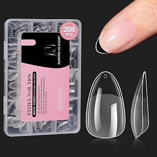 Beetles Extra Short Almond Nail Tips, 12 Sizes 288 PCS Pre-Shaped Clear Full Cover Etch Gel Nail Tips Clear Acrylic Nails Glue on Nails for Girls Women Nail Art Design,Nail Glue Needed