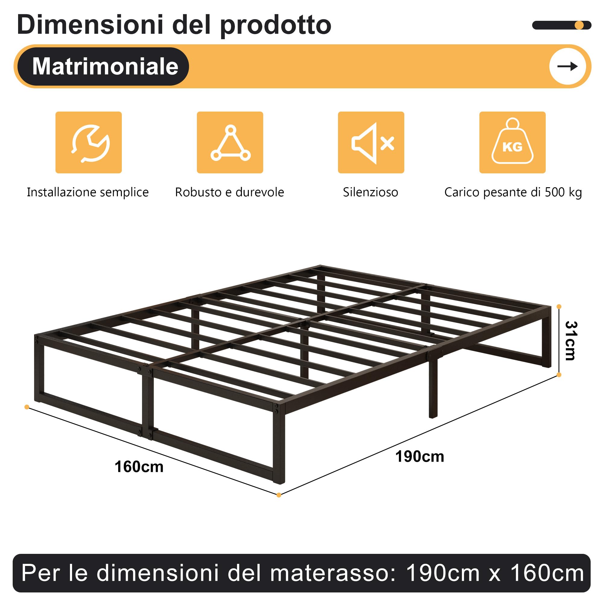Yicensen Struttura Letto Matrimoniale 160x190 cm, Struttura Letto in Metallo, Supporto Solido, Facile da Montare, Design Silenzioso, Stile Moderno e Minimalista, Altezza 30 cm, Nero